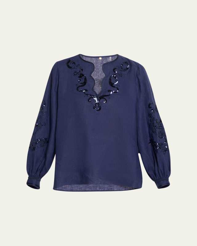 Soraya Sequin Embroidered Linen Blouse